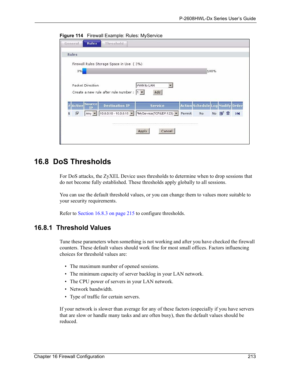 8 dos thresholds, 1 threshold values, Figure 114 firewall example: rules: myservice | ZyXEL Communications P-2608HWL-Dx Series User Manual | Page 213 / 451