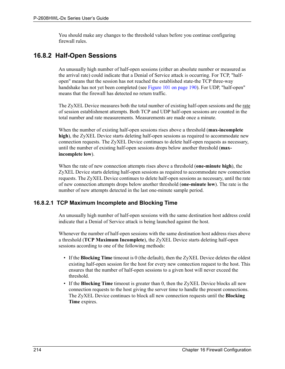 2 half-open sessions, 1 tcp maximum incomplete and blocking time | ZyXEL Communications P-2608HWL-Dx Series User Manual | Page 214 / 451
