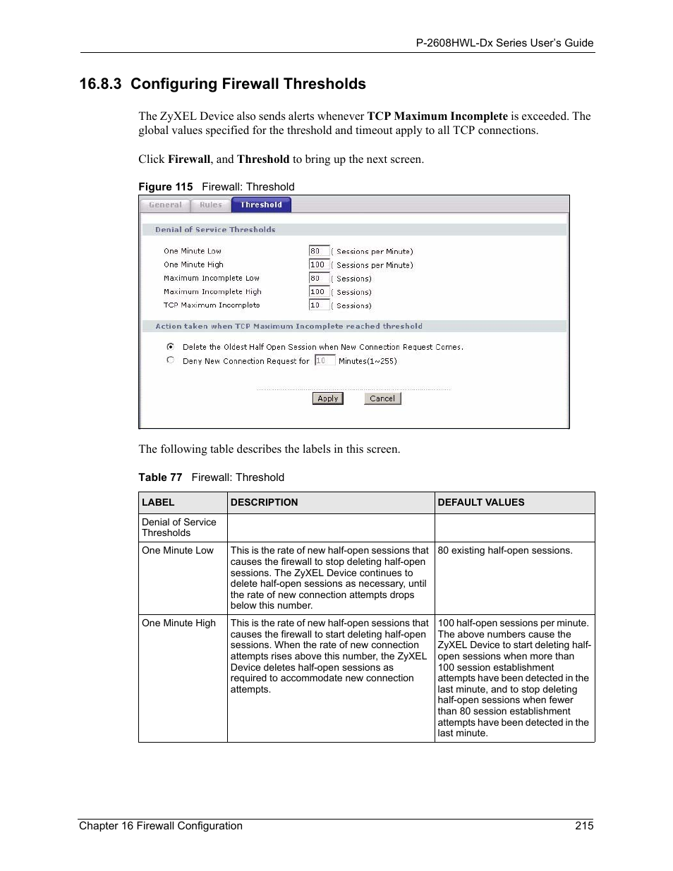 3 configuring firewall thresholds, Figure 115 firewall: threshold, Table 77 firewall: threshold | Refer to | ZyXEL Communications P-2608HWL-Dx Series User Manual | Page 215 / 451