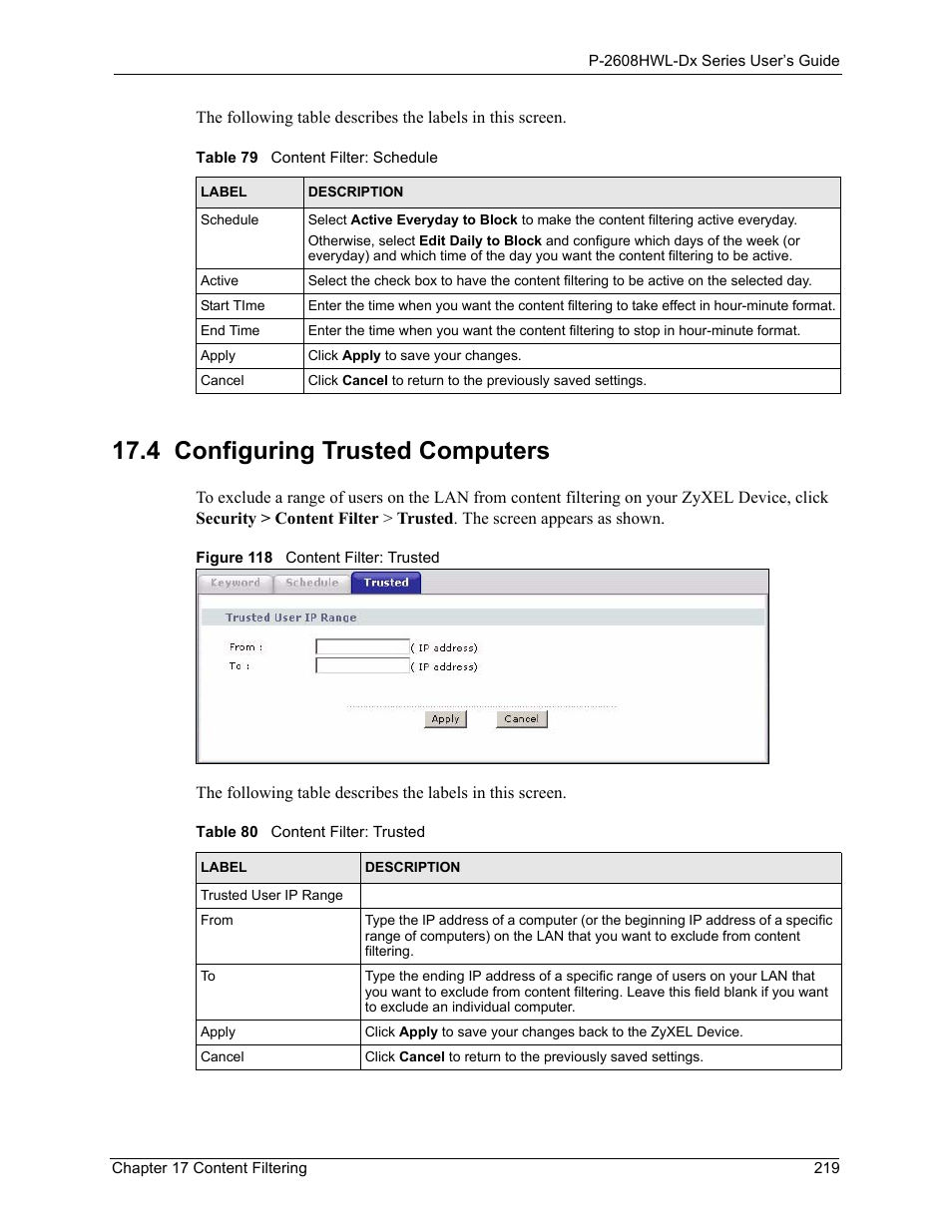 4 configuring trusted computers, Figure 118 content filter: trusted | ZyXEL Communications P-2608HWL-Dx Series User Manual | Page 219 / 451