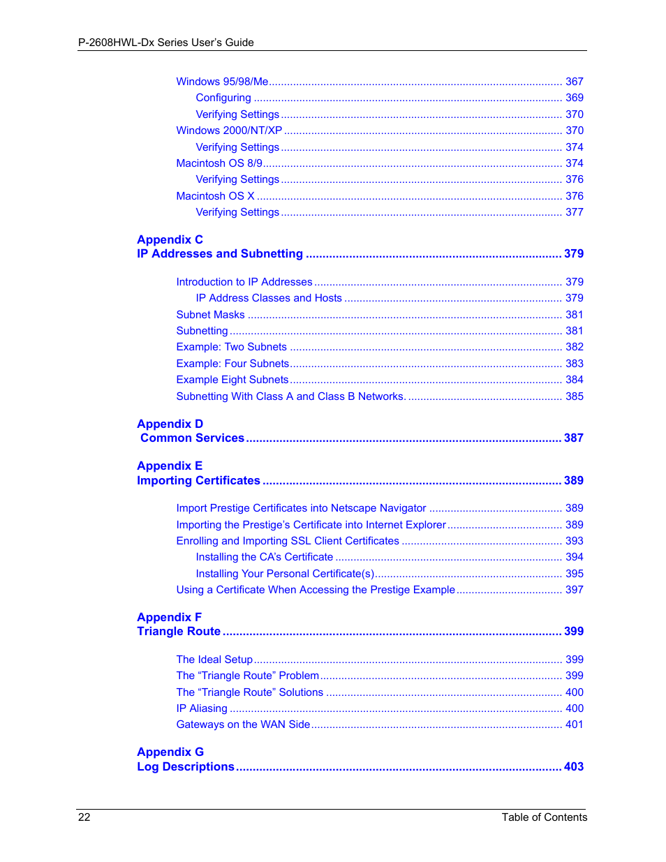 ZyXEL Communications P-2608HWL-Dx Series User Manual | Page 22 / 451