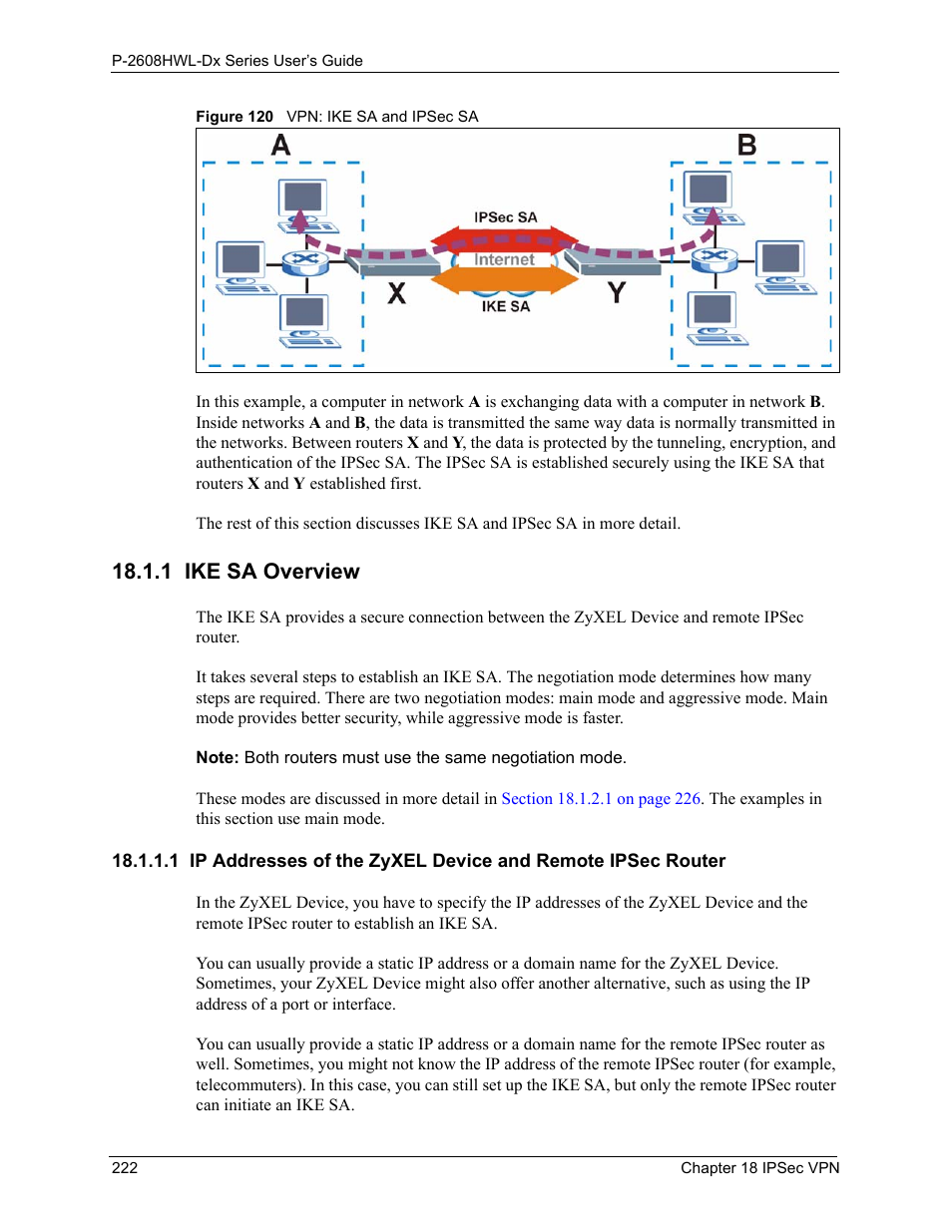 1 ike sa overview, Figure 120 vpn: ike sa and ipsec sa | ZyXEL Communications P-2608HWL-Dx Series User Manual | Page 222 / 451