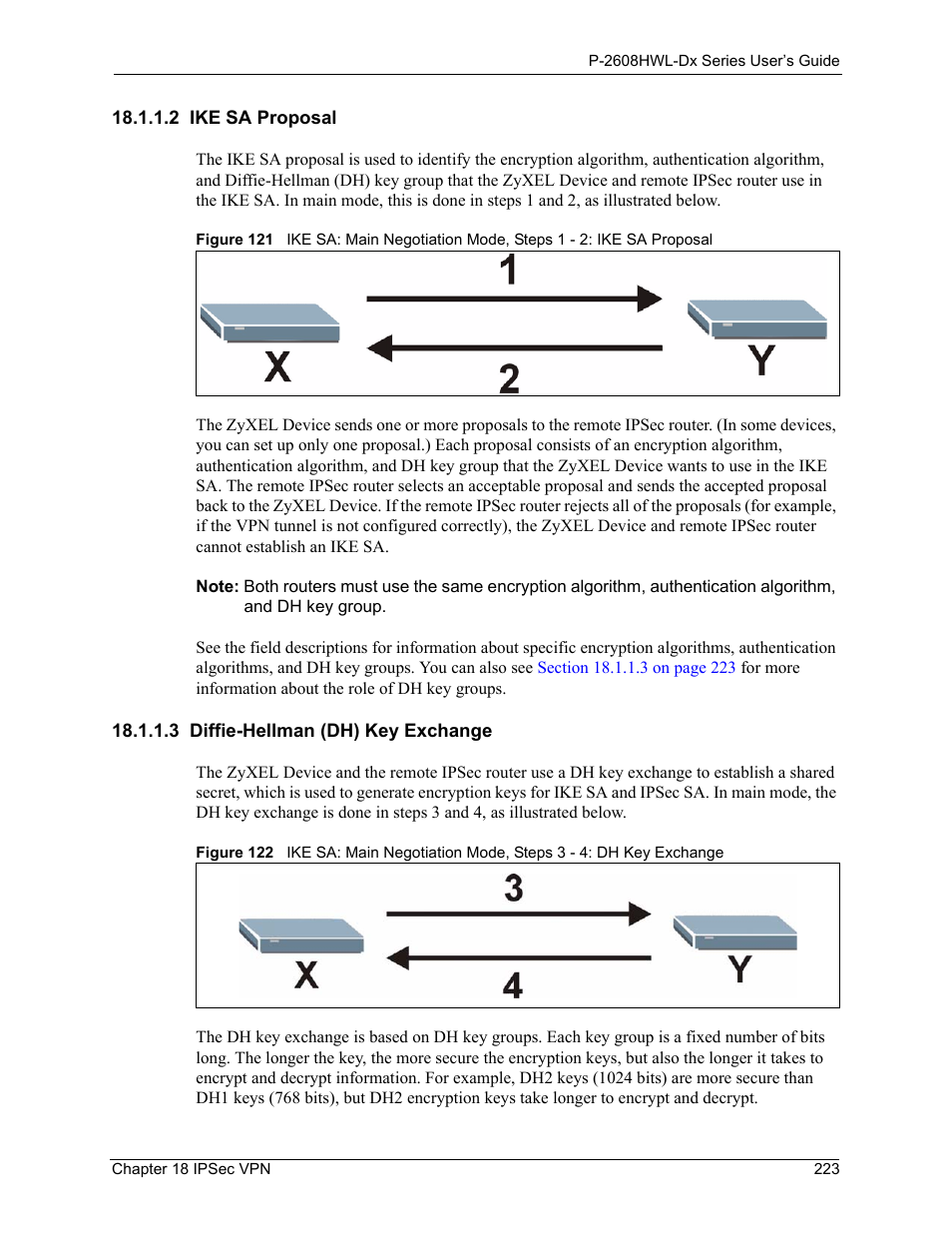 2 ike sa proposal, 3 diffie-hellman (dh) key exchange | ZyXEL Communications P-2608HWL-Dx Series User Manual | Page 223 / 451