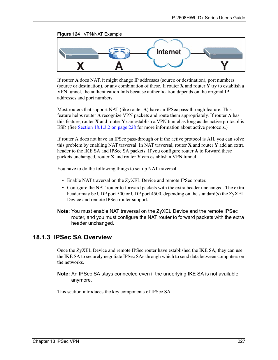 3 ipsec sa overview, Figure 124 vpn/nat example | ZyXEL Communications P-2608HWL-Dx Series User Manual | Page 227 / 451