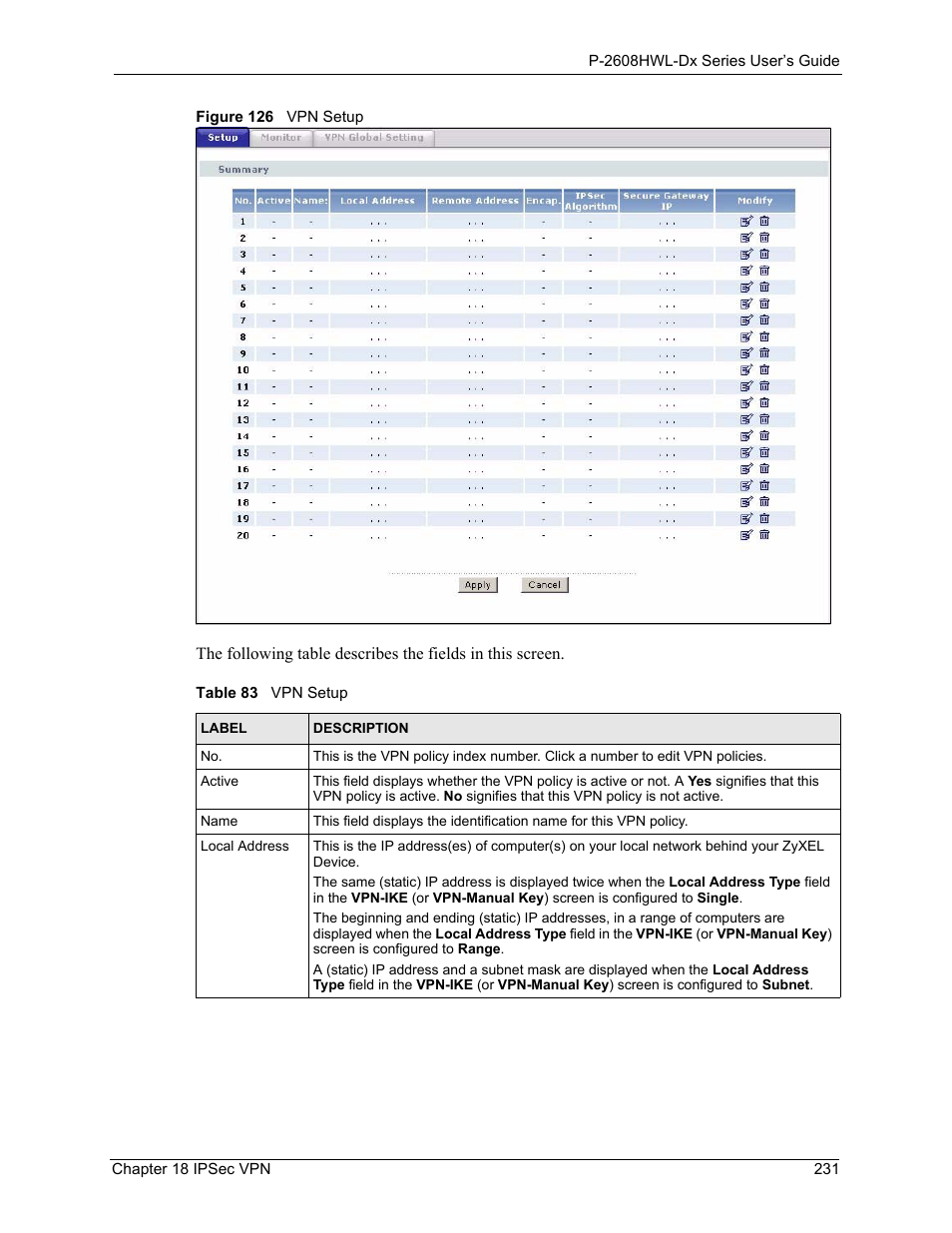 Figure 126 vpn setup, Table 83 vpn setup | ZyXEL Communications P-2608HWL-Dx Series User Manual | Page 231 / 451