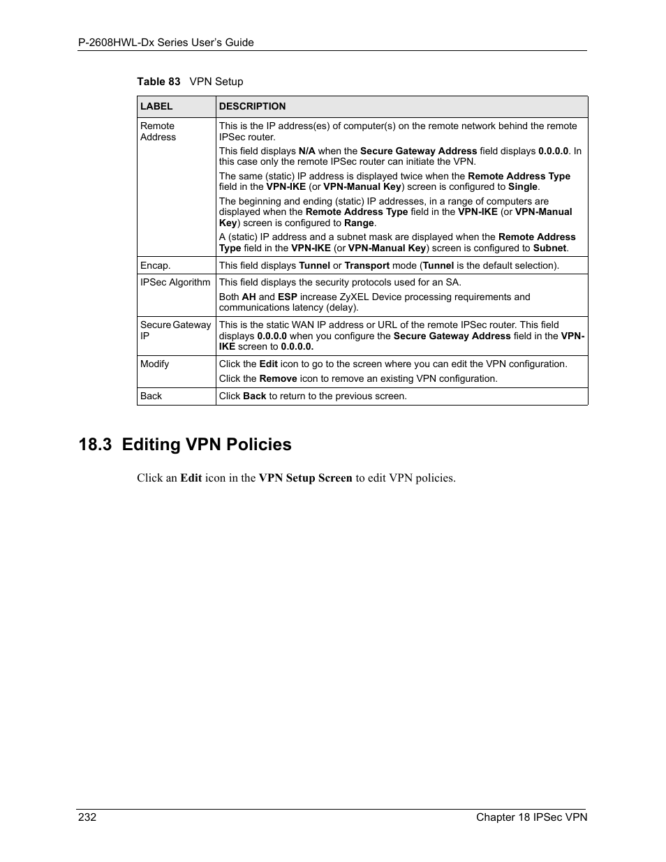 3 editing vpn policies | ZyXEL Communications P-2608HWL-Dx Series User Manual | Page 232 / 451