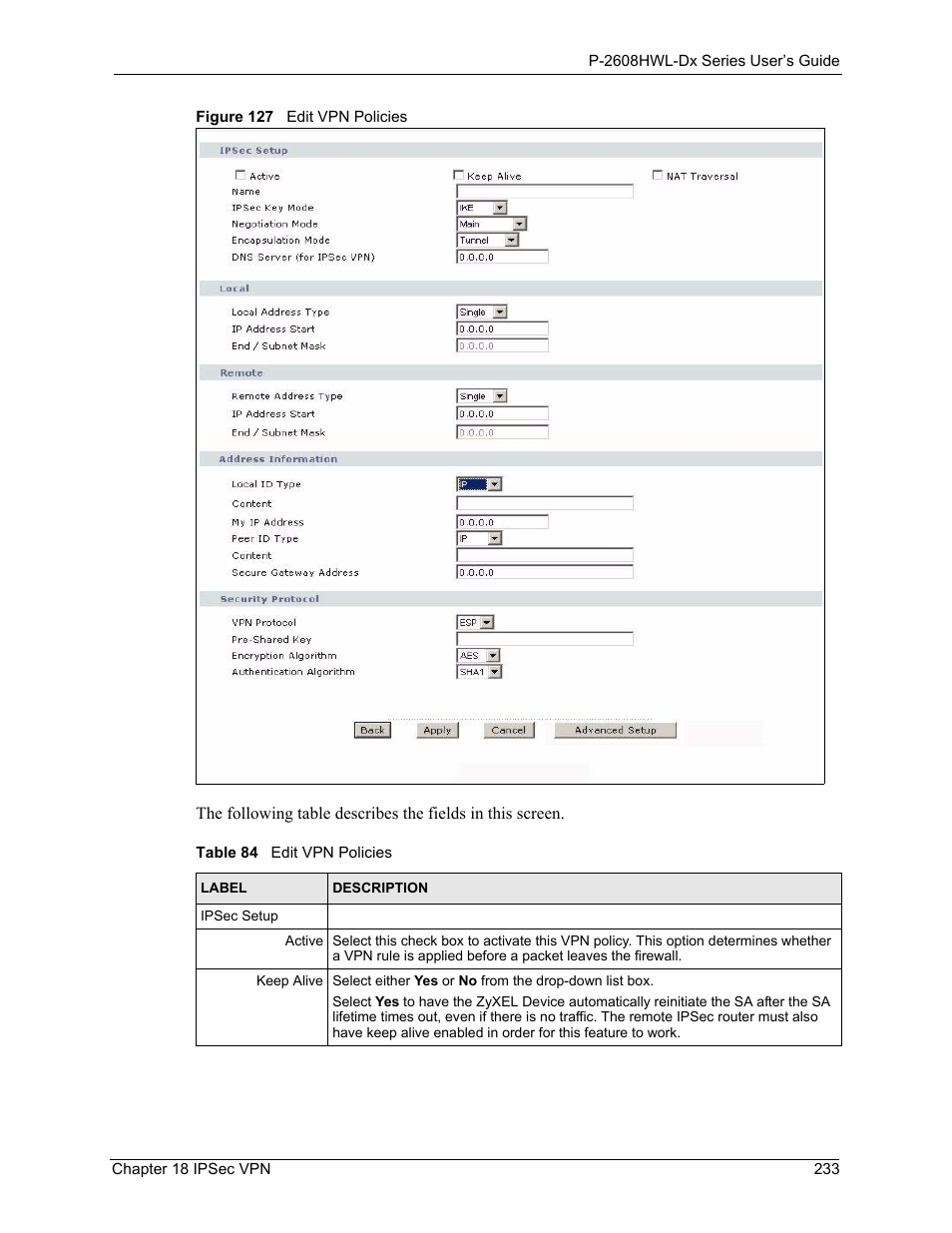 Figure 127 edit vpn policies, Table 84 edit vpn policies | ZyXEL Communications P-2608HWL-Dx Series User Manual | Page 233 / 451