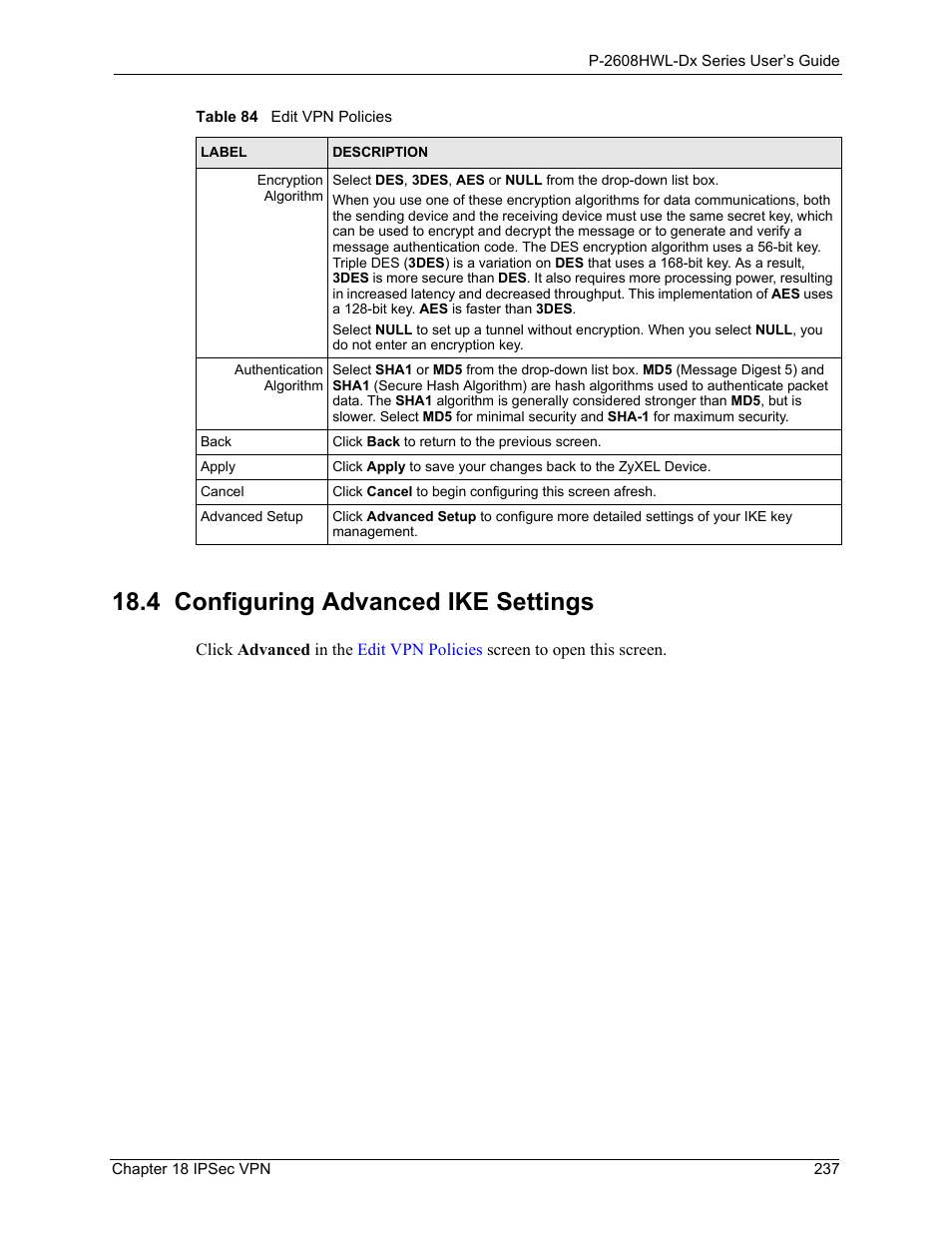 4 configuring advanced ike settings | ZyXEL Communications P-2608HWL-Dx Series User Manual | Page 237 / 451