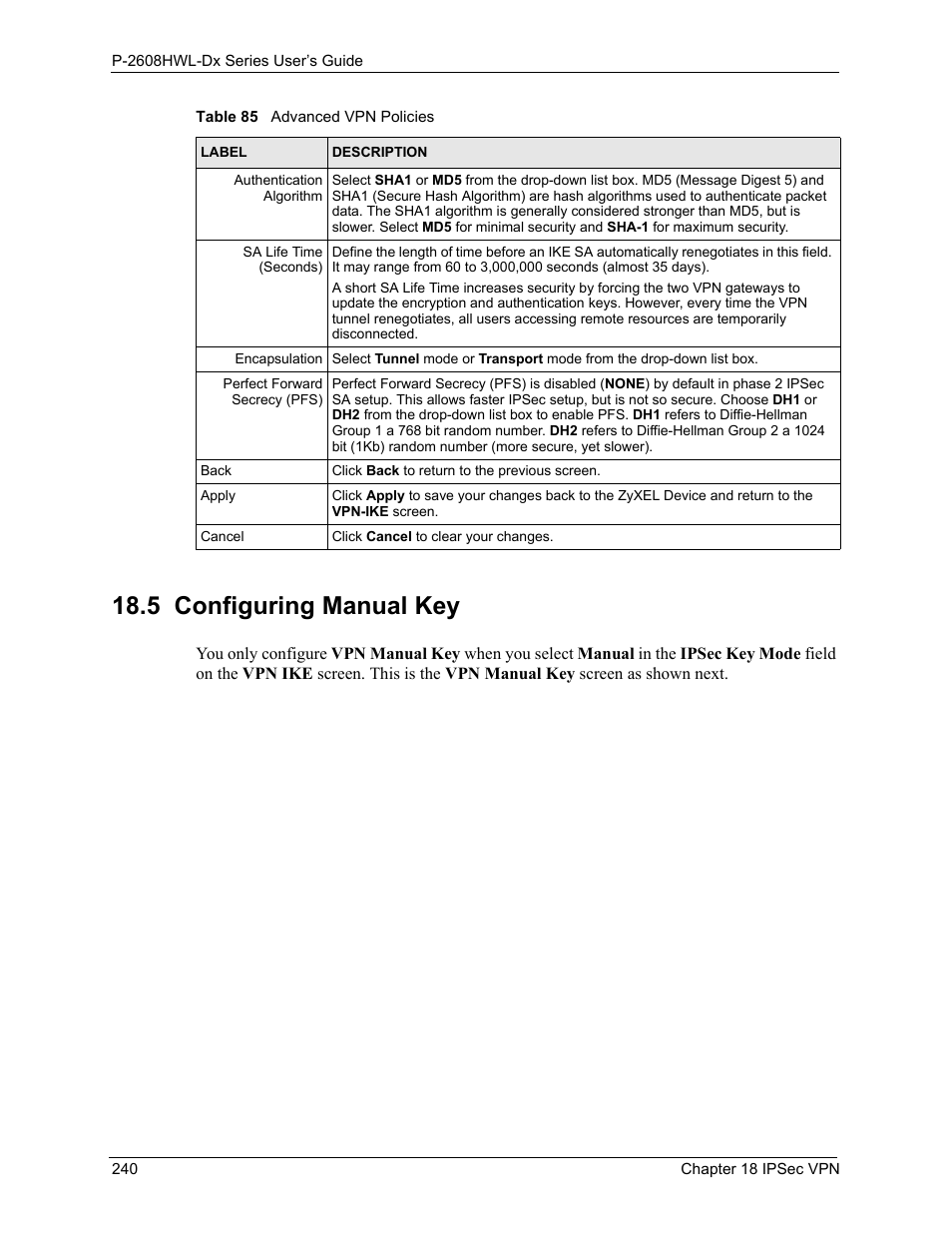 5 configuring manual key | ZyXEL Communications P-2608HWL-Dx Series User Manual | Page 240 / 451