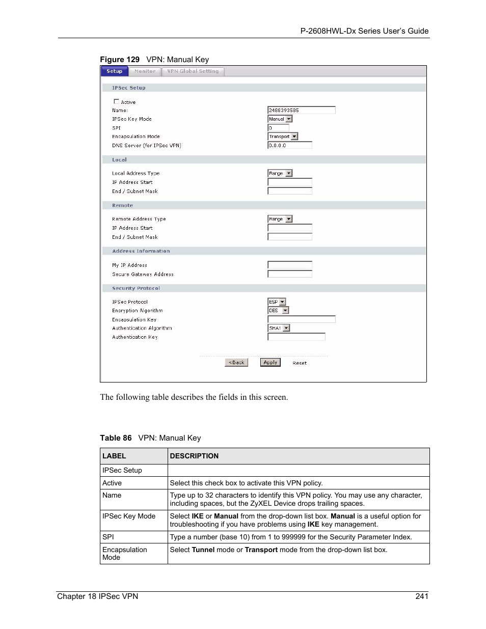 Figure 129 vpn: manual key, Table 86 vpn: manual key | ZyXEL Communications P-2608HWL-Dx Series User Manual | Page 241 / 451