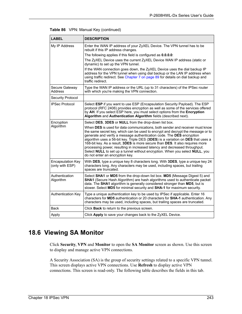 6 viewing sa monitor, Section | ZyXEL Communications P-2608HWL-Dx Series User Manual | Page 243 / 451