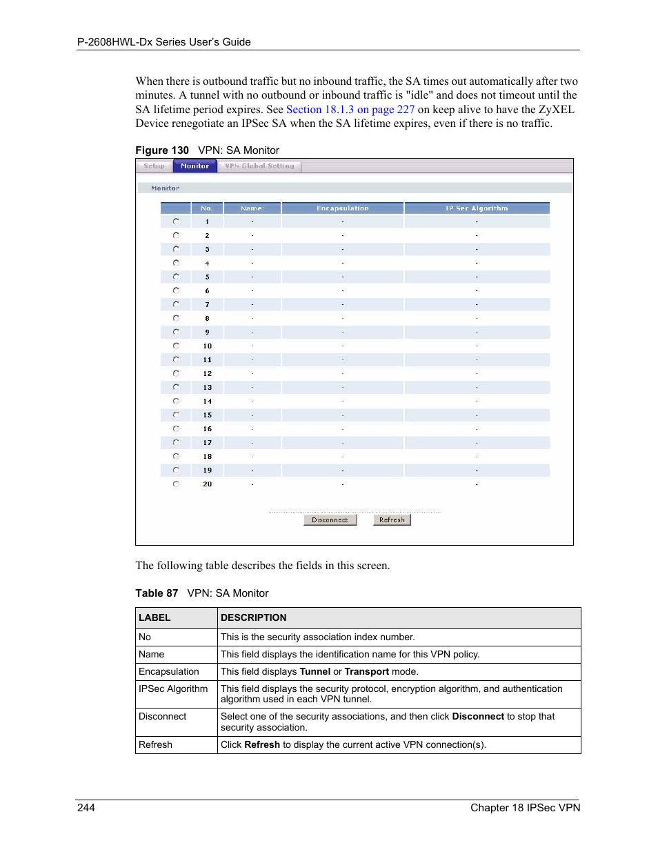 Figure 130 vpn: sa monitor, Table 87 vpn: sa monitor | ZyXEL Communications P-2608HWL-Dx Series User Manual | Page 244 / 451