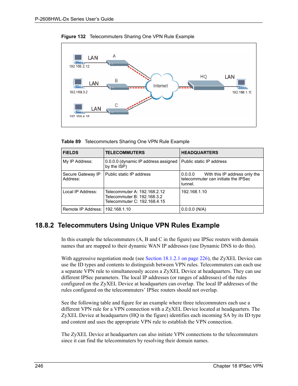 2 telecommuters using unique vpn rules example | ZyXEL Communications P-2608HWL-Dx Series User Manual | Page 246 / 451