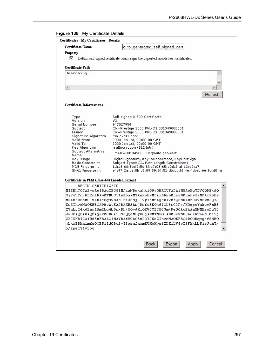 Figure 138 my certificate details | ZyXEL Communications P-2608HWL-Dx Series User Manual | Page 257 / 451