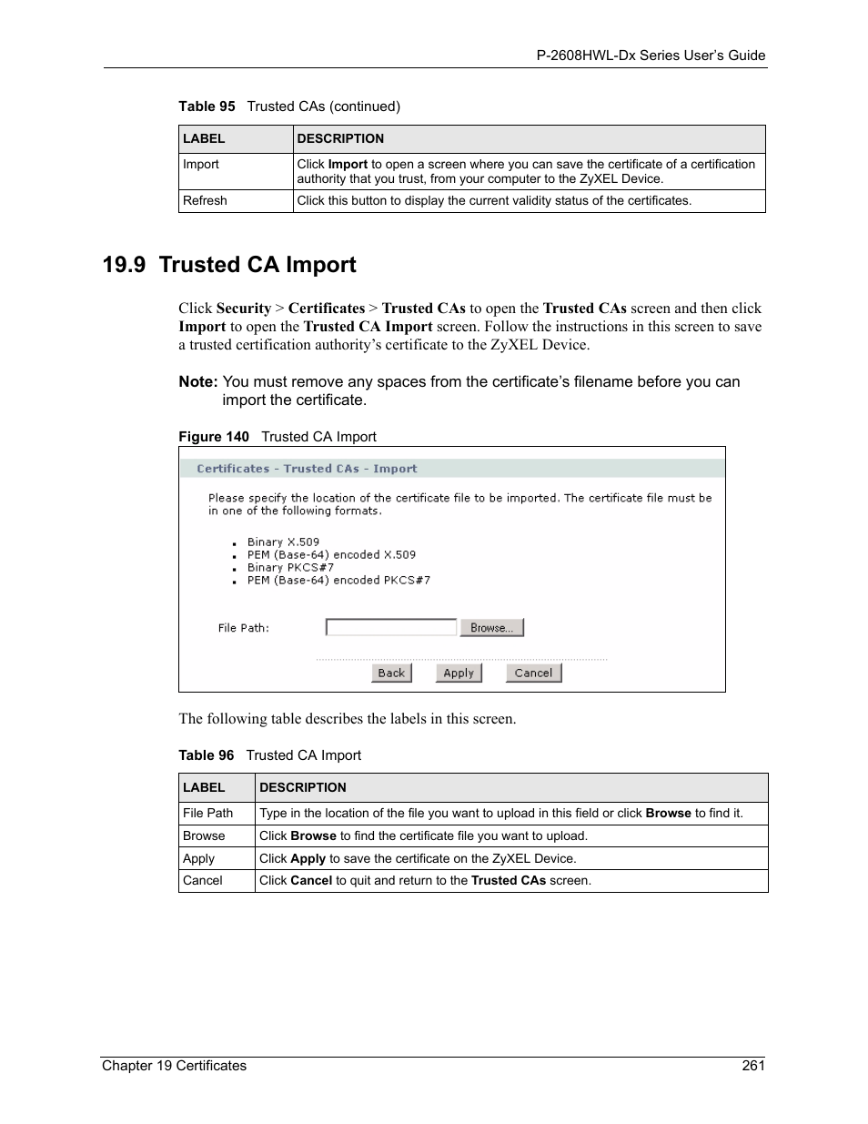 9 trusted ca import, Figure 140 trusted ca import, Table 96 trusted ca import | ZyXEL Communications P-2608HWL-Dx Series User Manual | Page 261 / 451