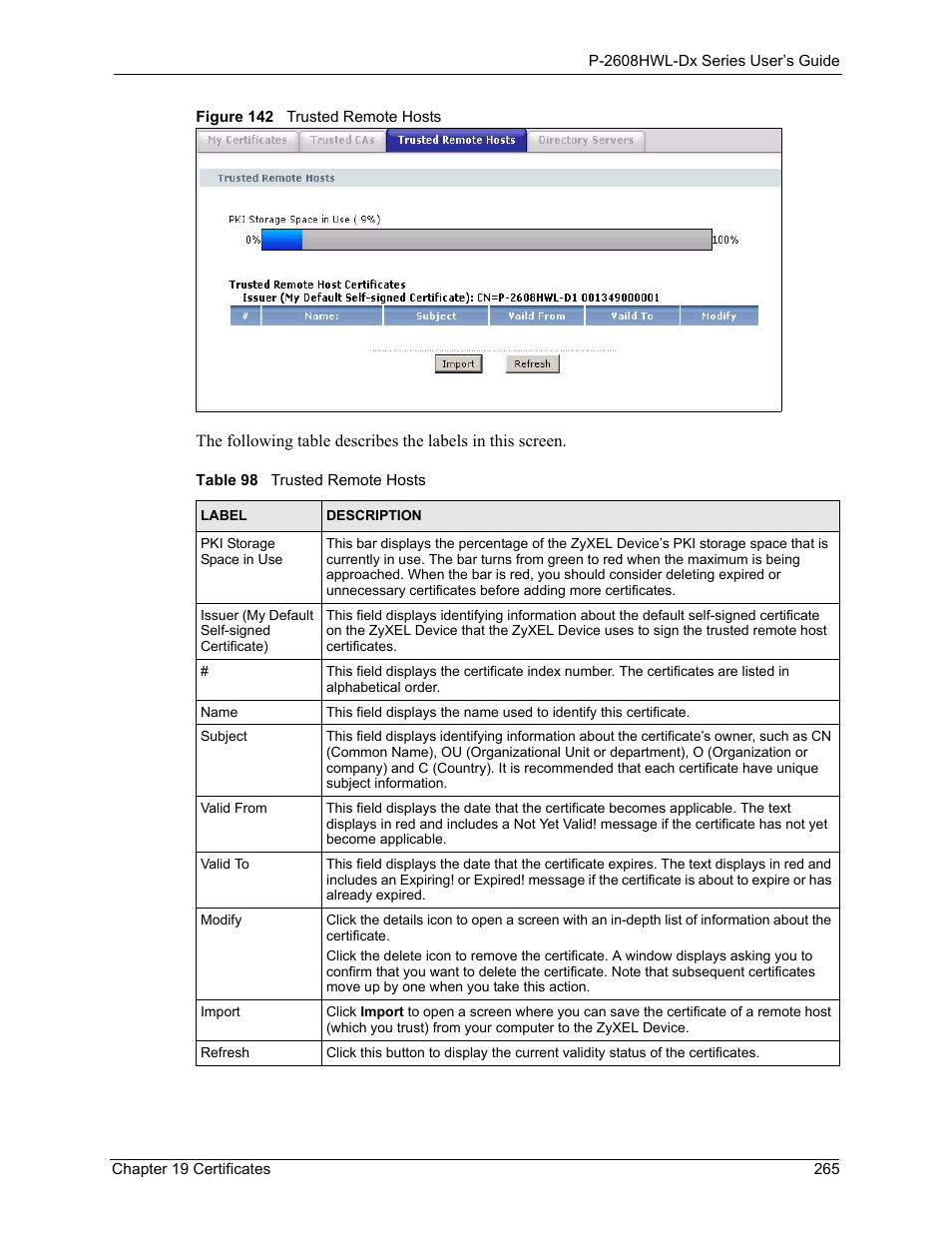 Figure 142 trusted remote hosts, Table 98 trusted remote hosts | ZyXEL Communications P-2608HWL-Dx Series User Manual | Page 265 / 451
