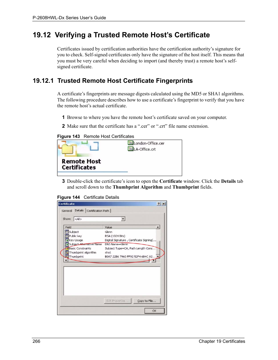 12 verifying a trusted remote host’s certificate, 1 trusted remote host certificate fingerprints | ZyXEL Communications P-2608HWL-Dx Series User Manual | Page 266 / 451