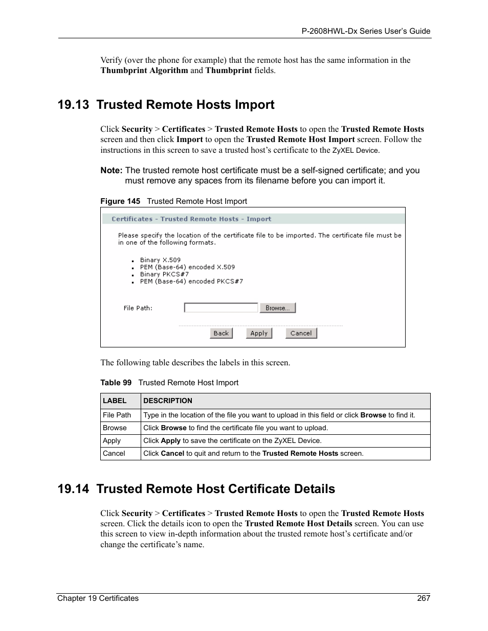 13 trusted remote hosts import, 14 trusted remote host certificate details, Figure 145 trusted remote host import | Table 99 trusted remote host import | ZyXEL Communications P-2608HWL-Dx Series User Manual | Page 267 / 451