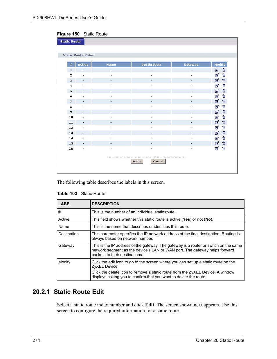 1 static route edit, Figure 150 static route, Table 103 static route | ZyXEL Communications P-2608HWL-Dx Series User Manual | Page 274 / 451