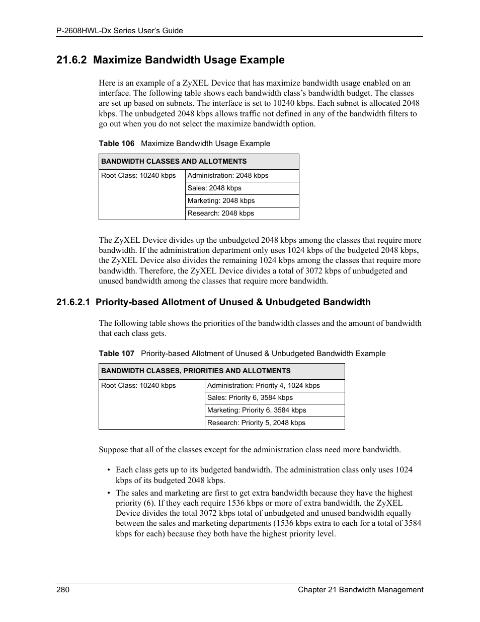 2 maximize bandwidth usage example | ZyXEL Communications P-2608HWL-Dx Series User Manual | Page 280 / 451