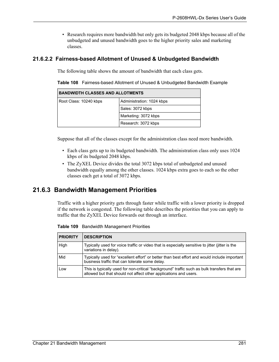 3 bandwidth management priorities, Table 109 bandwidth management priorities | ZyXEL Communications P-2608HWL-Dx Series User Manual | Page 281 / 451