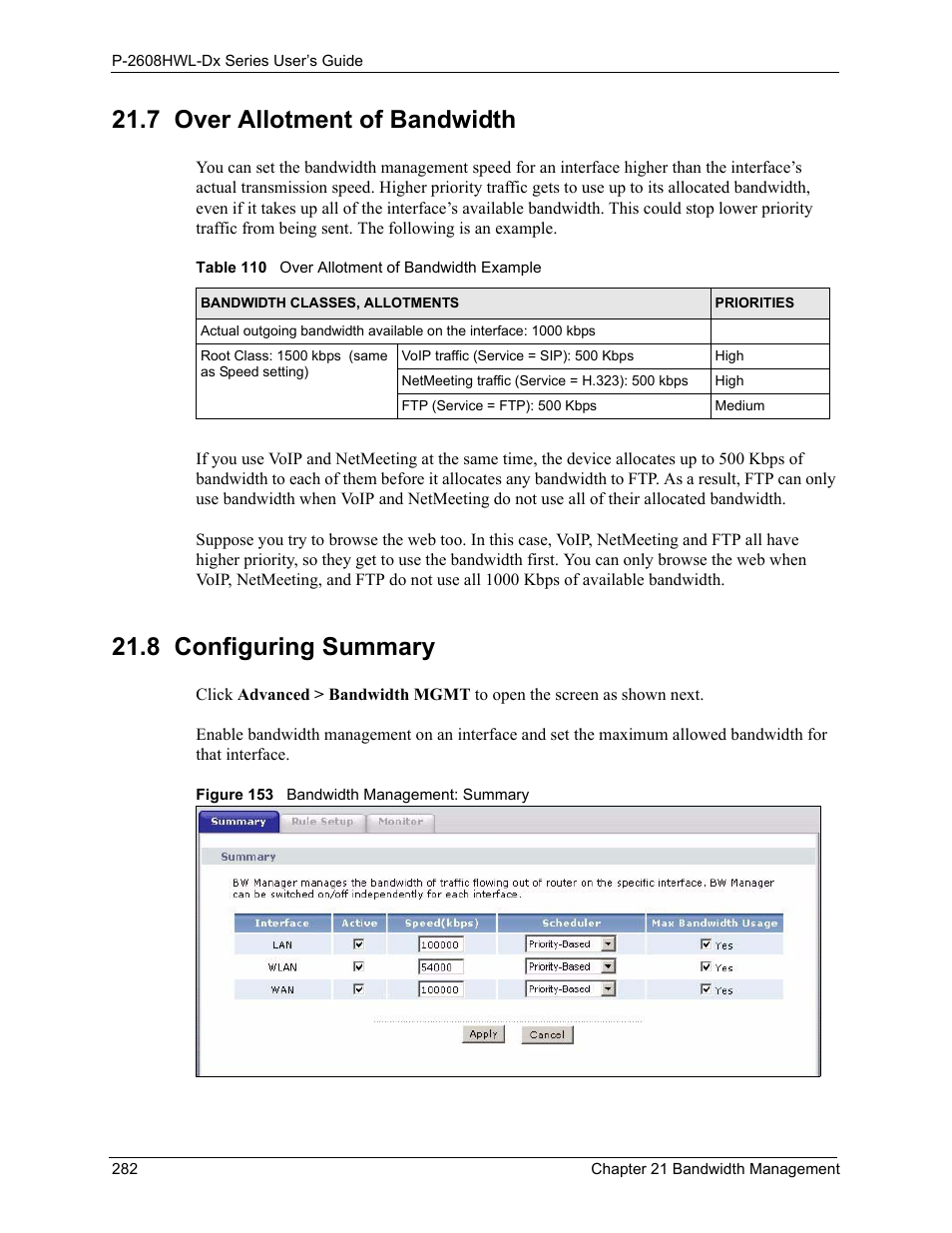 7 over allotment of bandwidth, 8 configuring summary, Figure 153 bandwidth management: summary | Table 110 over allotment of bandwidth example | ZyXEL Communications P-2608HWL-Dx Series User Manual | Page 282 / 451