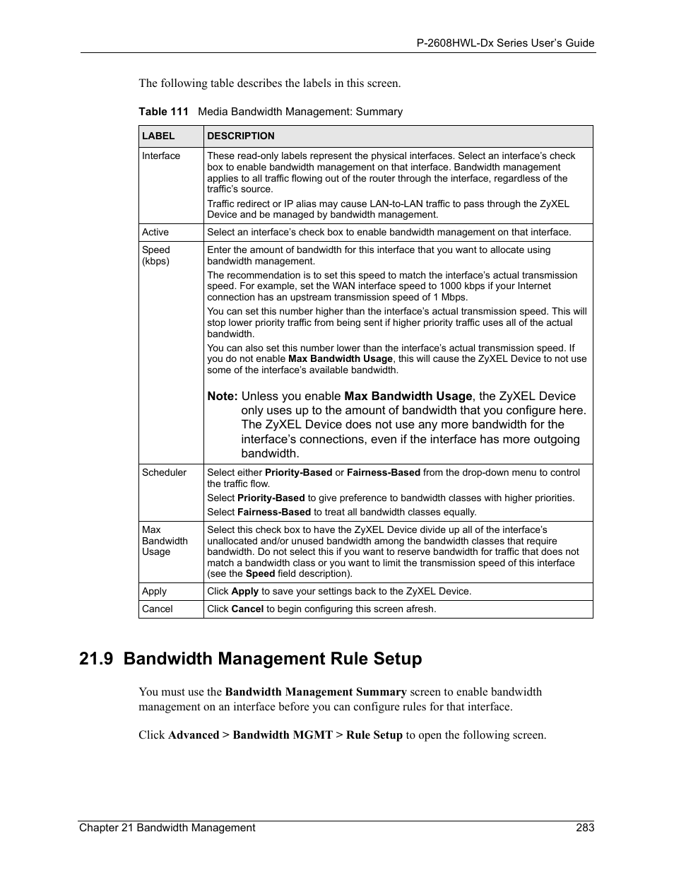 9 bandwidth management rule setup, Table 111 media bandwidth management: summary | ZyXEL Communications P-2608HWL-Dx Series User Manual | Page 283 / 451