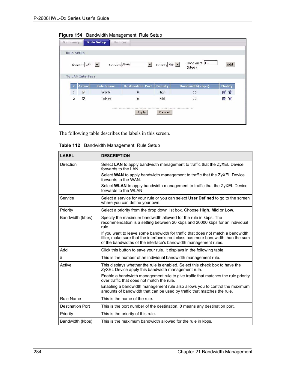 Figure 154 bandwidth management: rule setup, Table 112 bandwidth management: rule setup | ZyXEL Communications P-2608HWL-Dx Series User Manual | Page 284 / 451