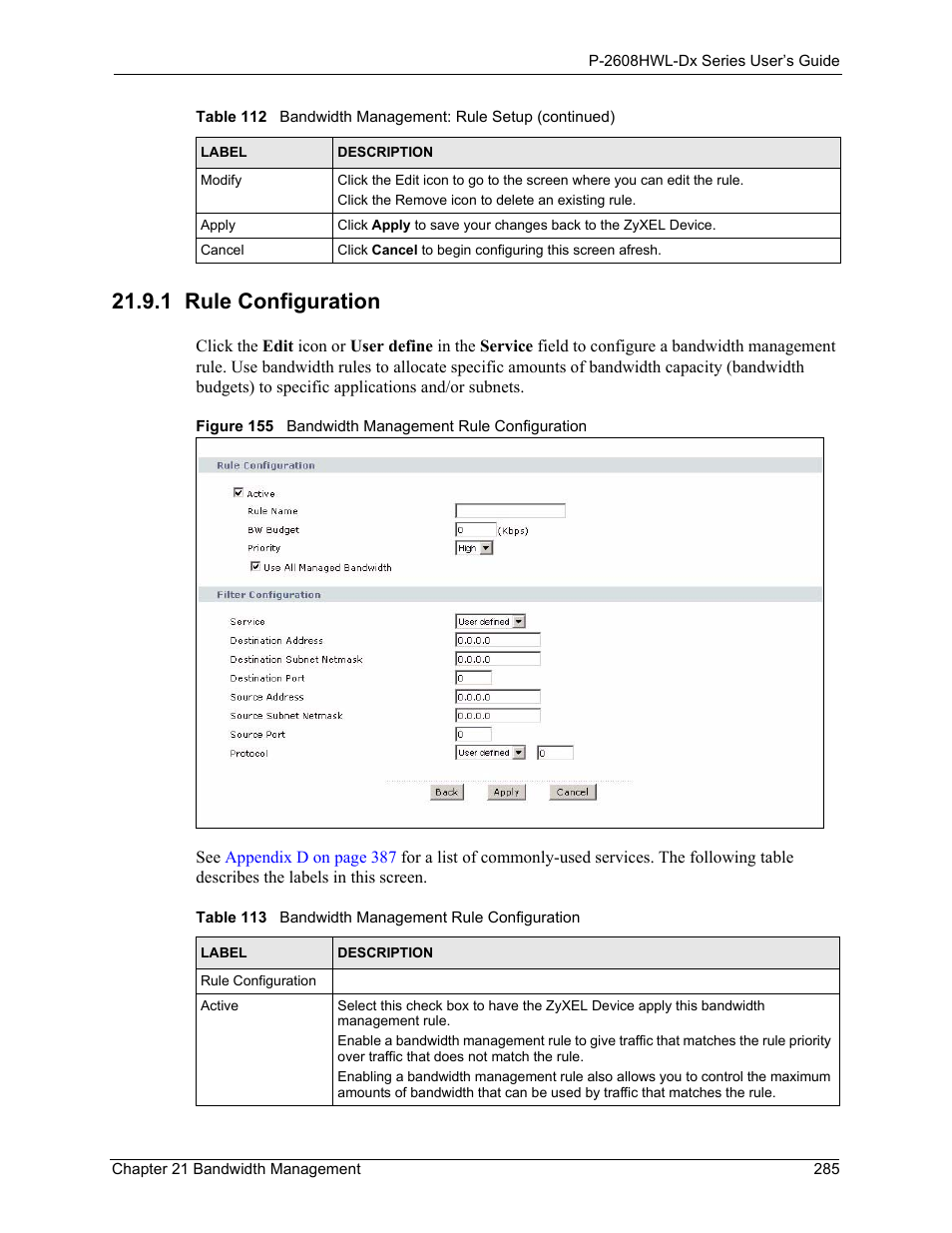 1 rule configuration, Figure 155 bandwidth management rule configuration, Table 113 bandwidth management rule configuration | ZyXEL Communications P-2608HWL-Dx Series User Manual | Page 285 / 451