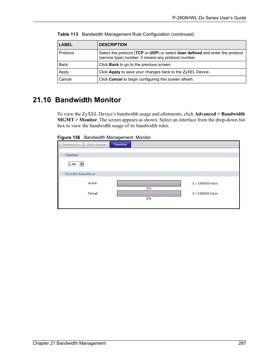 10 bandwidth monitor, Figure 156 bandwidth management: monitor | ZyXEL Communications P-2608HWL-Dx Series User Manual | Page 287 / 451