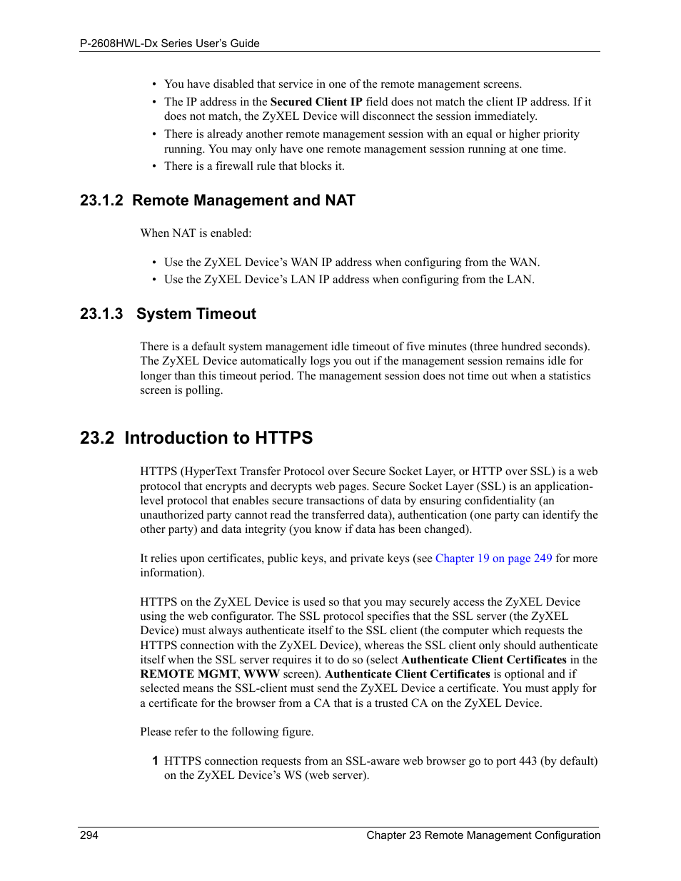 2 remote management and nat, 3 system timeout, 2 introduction to https | 2 remote management and nat 23.1.3 system timeout | ZyXEL Communications P-2608HWL-Dx Series User Manual | Page 294 / 451