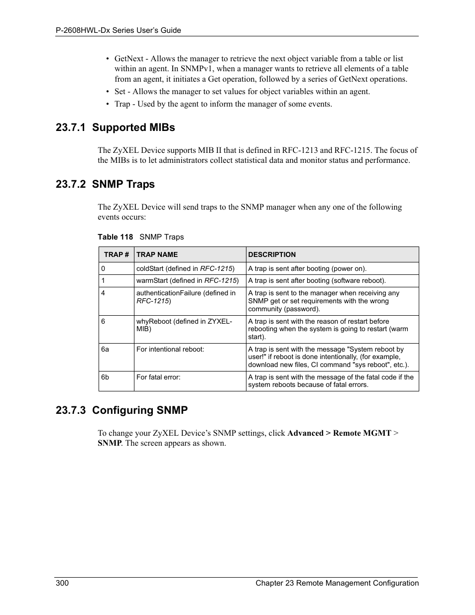 1 supported mibs, 2 snmp traps, 3 configuring snmp | Table 118 snmp traps | ZyXEL Communications P-2608HWL-Dx Series User Manual | Page 300 / 451