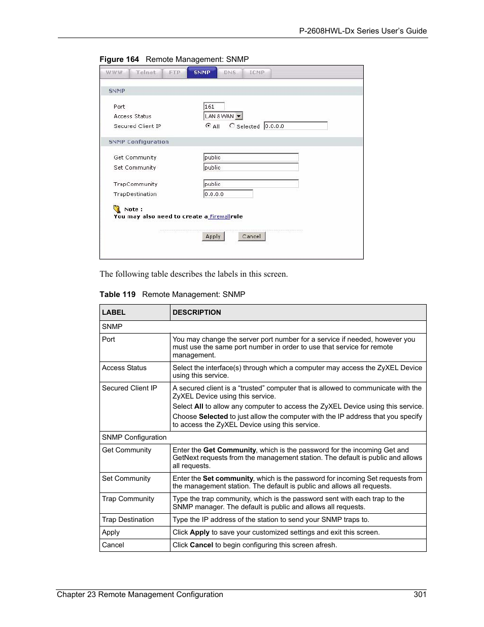 Figure 164 remote management: snmp, Table 119 remote management: snmp | ZyXEL Communications P-2608HWL-Dx Series User Manual | Page 301 / 451