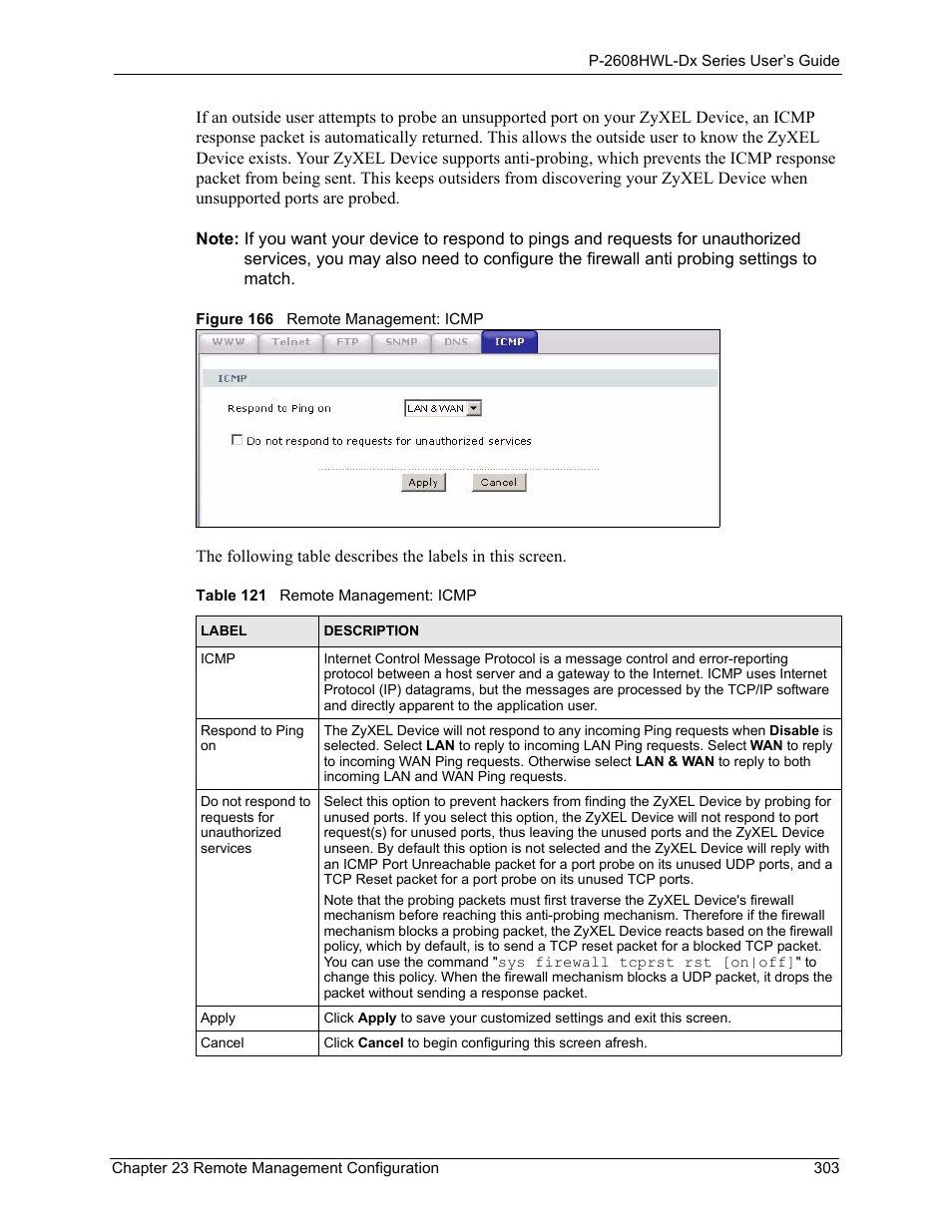 Figure 166 remote management: icmp, Table 121 remote management: icmp | ZyXEL Communications P-2608HWL-Dx Series User Manual | Page 303 / 451