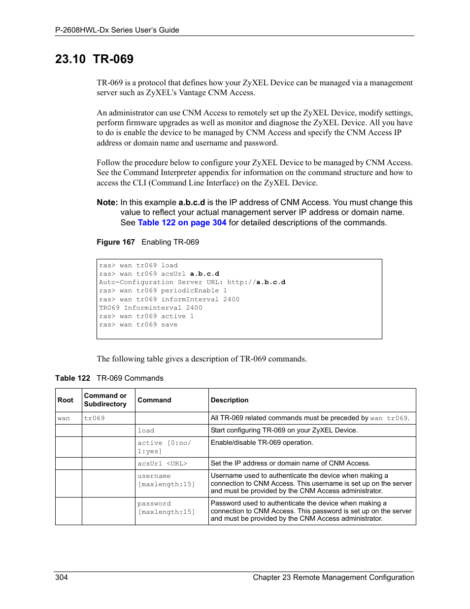 10 tr-069, Figure 167 enabling tr-069, Table 122 tr-069 commands | ZyXEL Communications P-2608HWL-Dx Series User Manual | Page 304 / 451