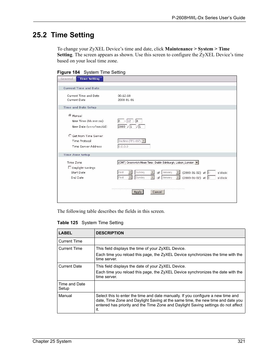 2 time setting, Figure 184 system time setting, Table 125 system time setting | ZyXEL Communications P-2608HWL-Dx Series User Manual | Page 321 / 451