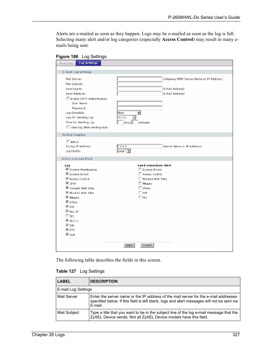 Figure 186 log settings, Table 127 log settings | ZyXEL Communications P-2608HWL-Dx Series User Manual | Page 327 / 451