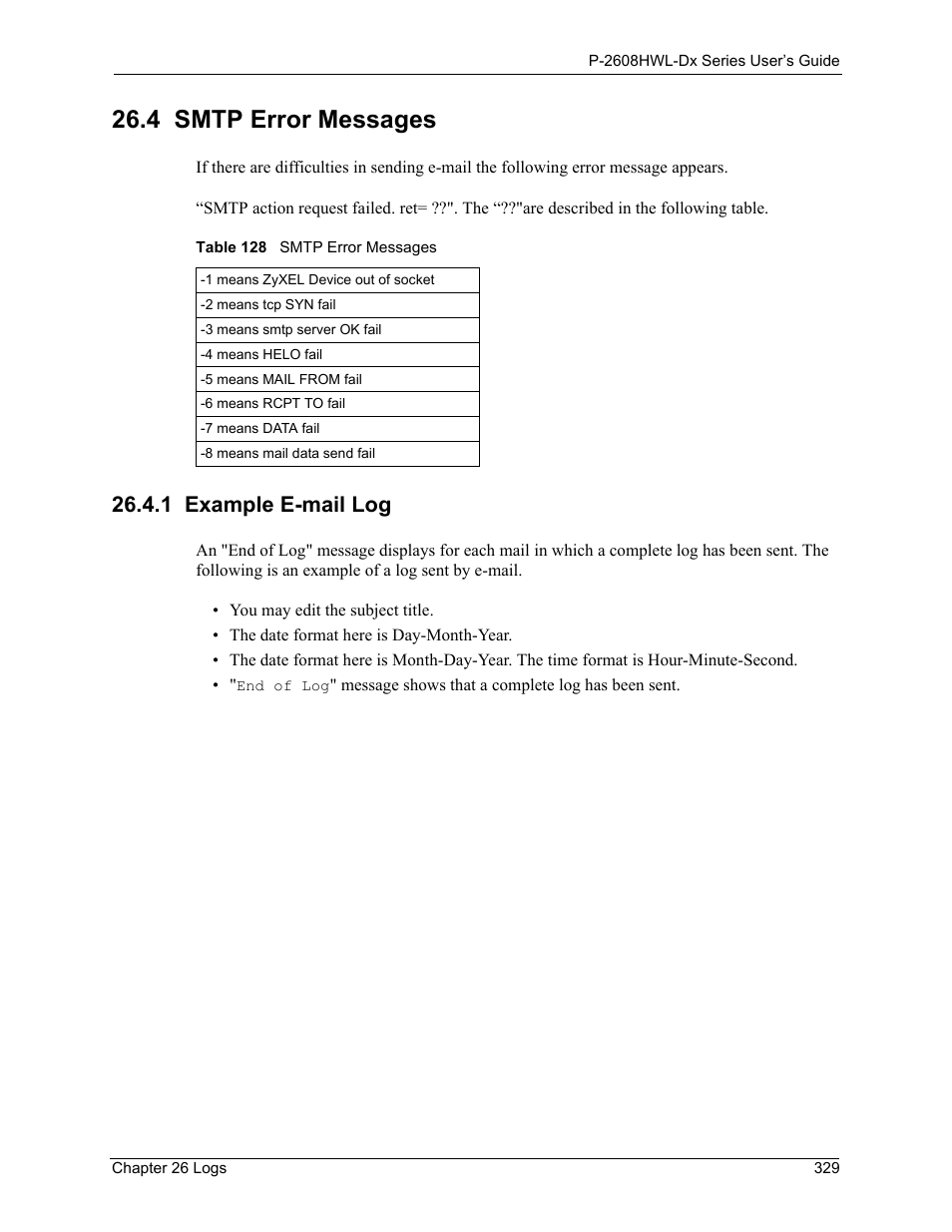 4 smtp error messages, 1 example e-mail log, Table 128 smtp error messages | ZyXEL Communications P-2608HWL-Dx Series User Manual | Page 329 / 451
