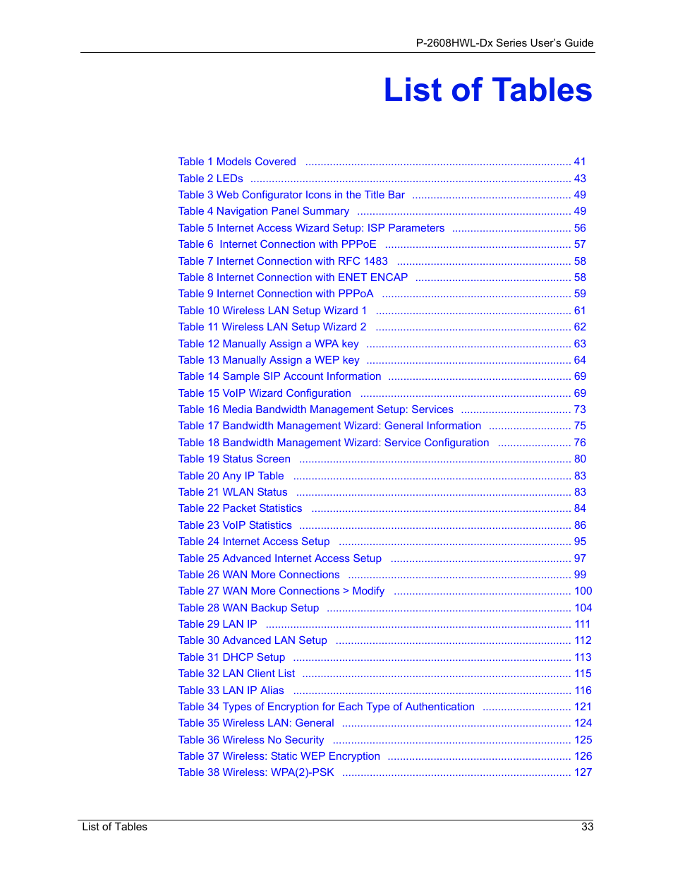 List of tables | ZyXEL Communications P-2608HWL-Dx Series User Manual | Page 33 / 451