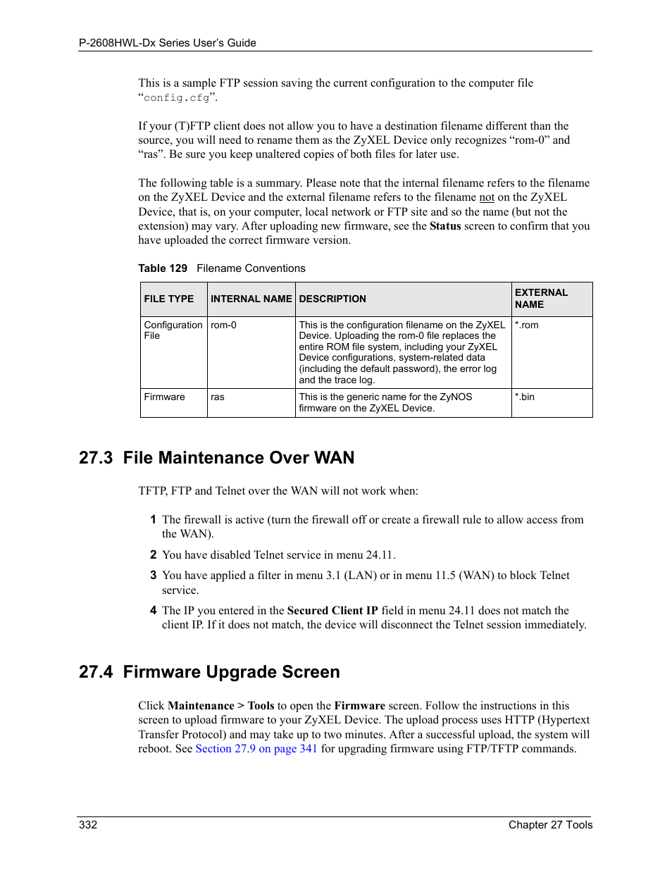 3 file maintenance over wan, 4 firmware upgrade screen, Table 129 filename conventions | ZyXEL Communications P-2608HWL-Dx Series User Manual | Page 332 / 451