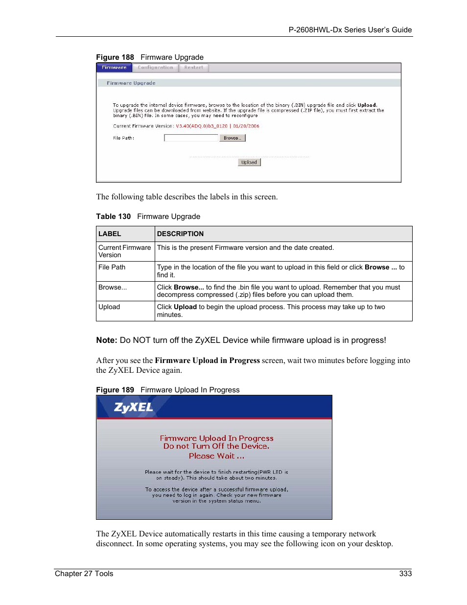 Table 130 firmware upgrade | ZyXEL Communications P-2608HWL-Dx Series User Manual | Page 333 / 451