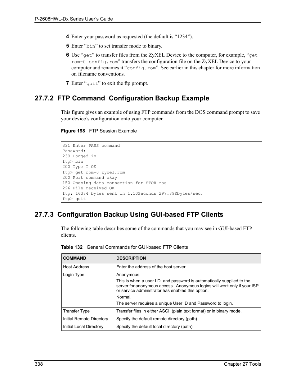 2 ftp command configuration backup example, 3 configuration backup using gui-based ftp clients, Figure 198 ftp session example | ZyXEL Communications P-2608HWL-Dx Series User Manual | Page 338 / 451