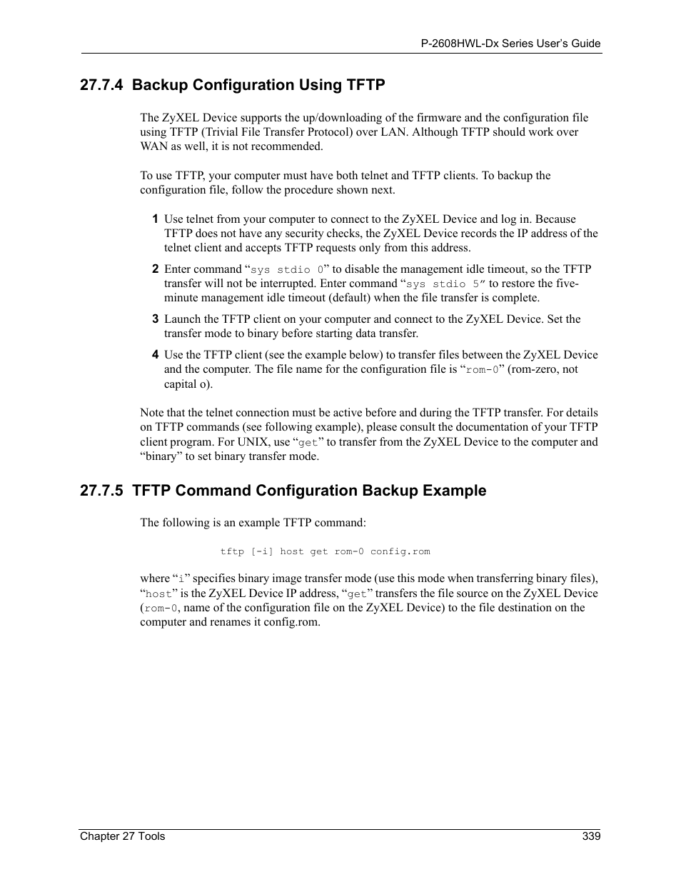 4 backup configuration using tftp, 5 tftp command configuration backup example | ZyXEL Communications P-2608HWL-Dx Series User Manual | Page 339 / 451