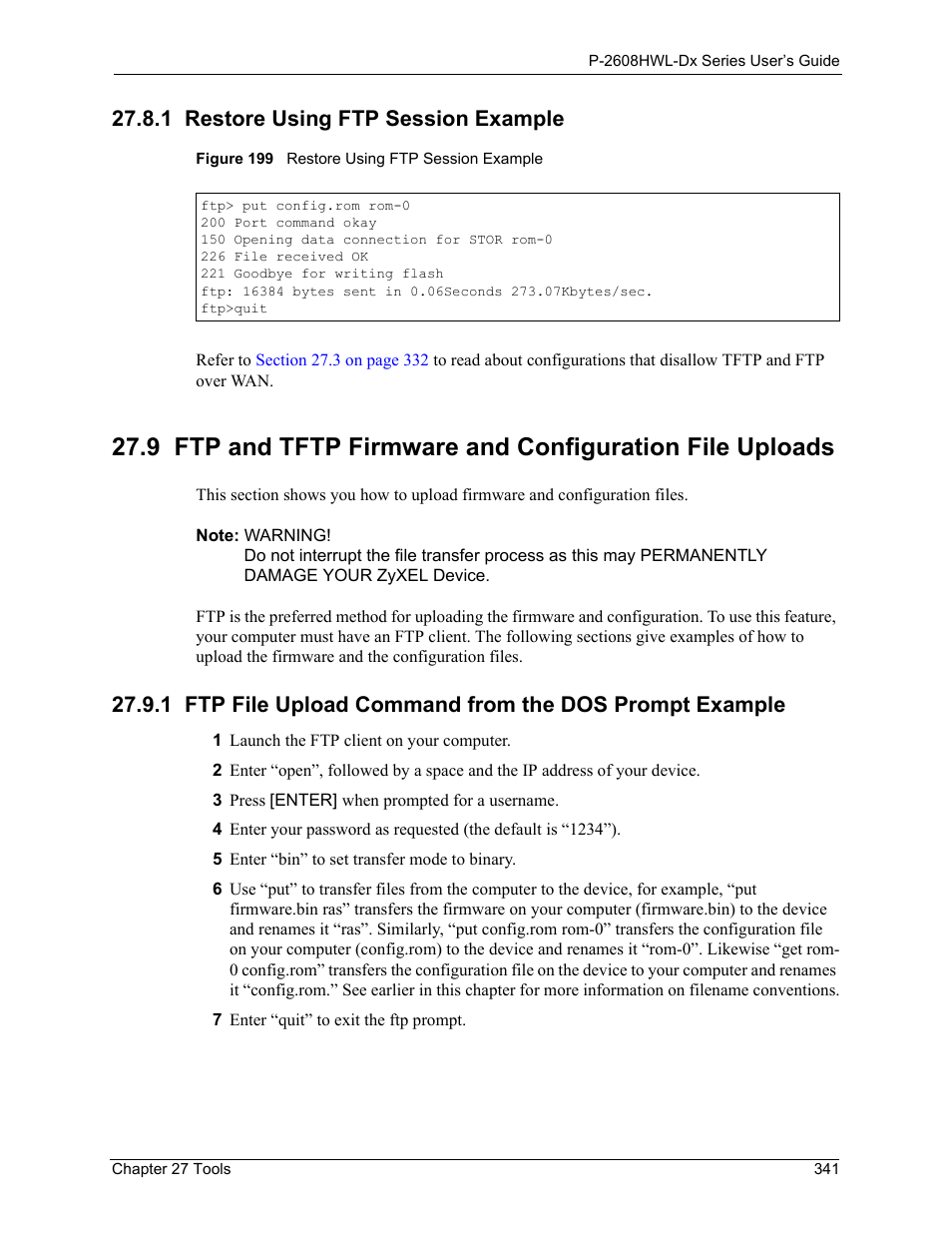 1 restore using ftp session example, Figure 199 restore using ftp session example | ZyXEL Communications P-2608HWL-Dx Series User Manual | Page 341 / 451