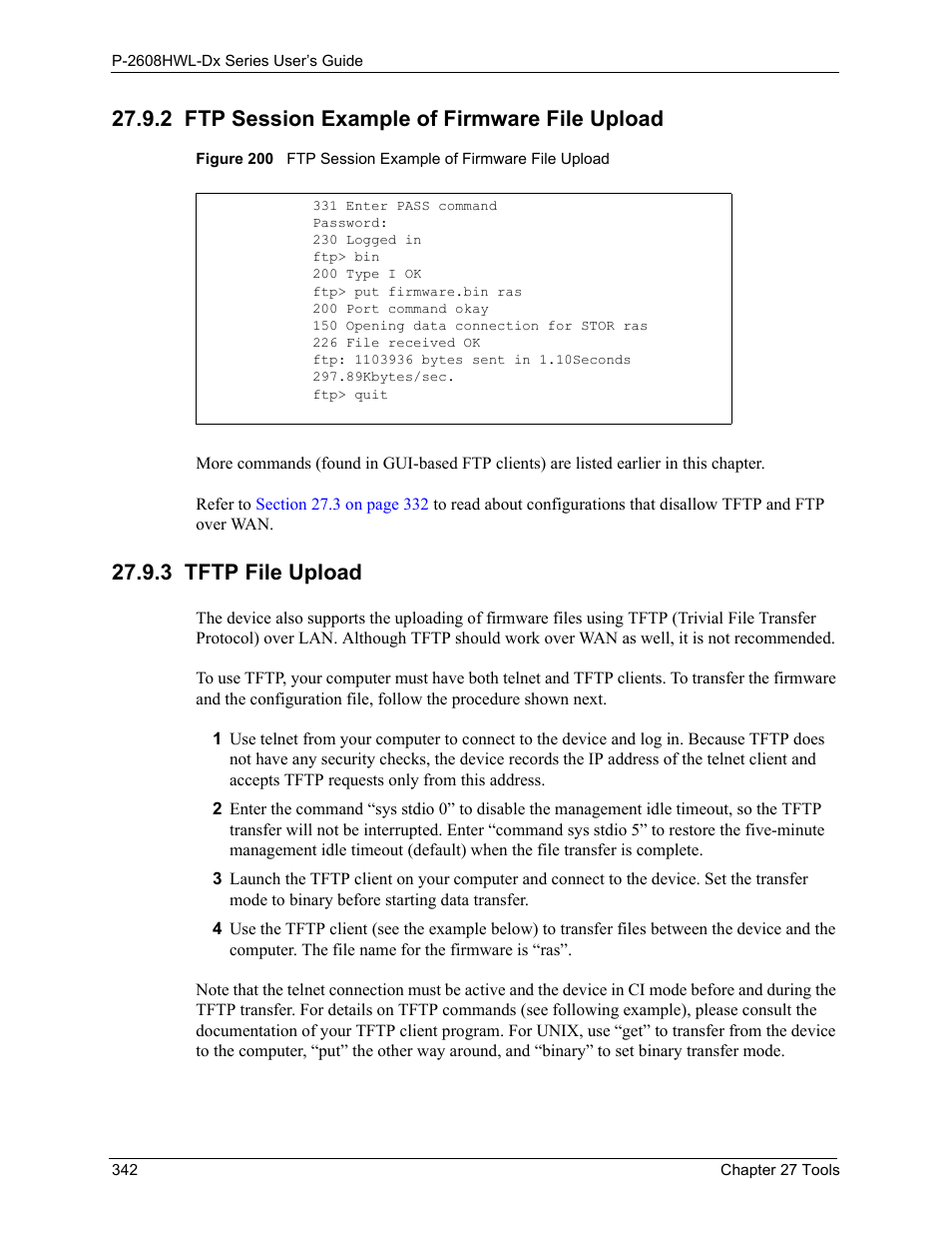 2 ftp session example of firmware file upload, 3 tftp file upload | ZyXEL Communications P-2608HWL-Dx Series User Manual | Page 342 / 451