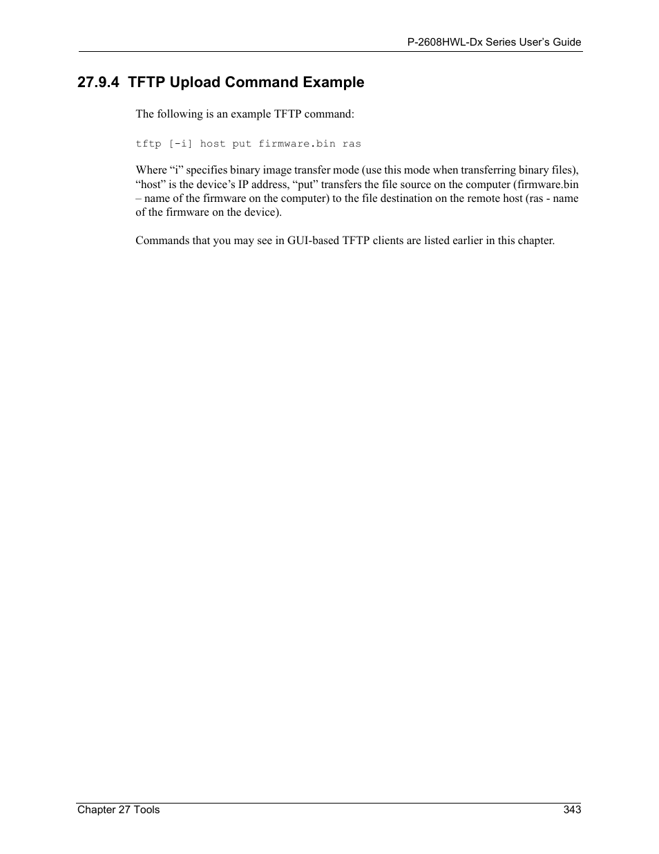 4 tftp upload command example | ZyXEL Communications P-2608HWL-Dx Series User Manual | Page 343 / 451