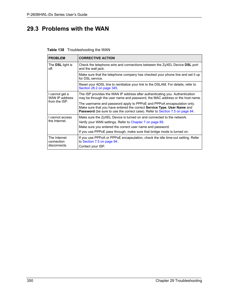 3 problems with the wan, Table 138 troubleshooting the wan | ZyXEL Communications P-2608HWL-Dx Series User Manual | Page 350 / 451