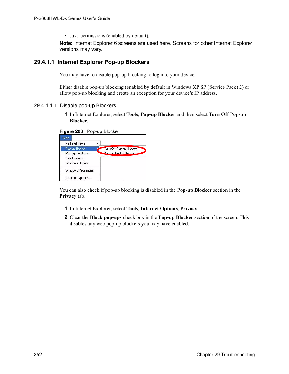 1 internet explorer pop-up blockers, Figure 203 pop-up blocker | ZyXEL Communications P-2608HWL-Dx Series User Manual | Page 352 / 451