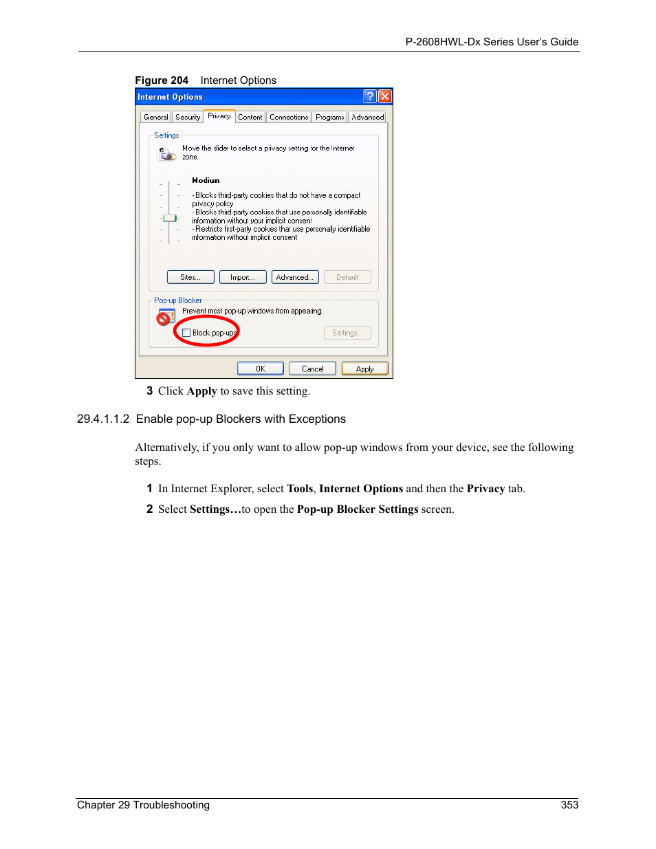 Figure 204 internet options | ZyXEL Communications P-2608HWL-Dx Series User Manual | Page 353 / 451