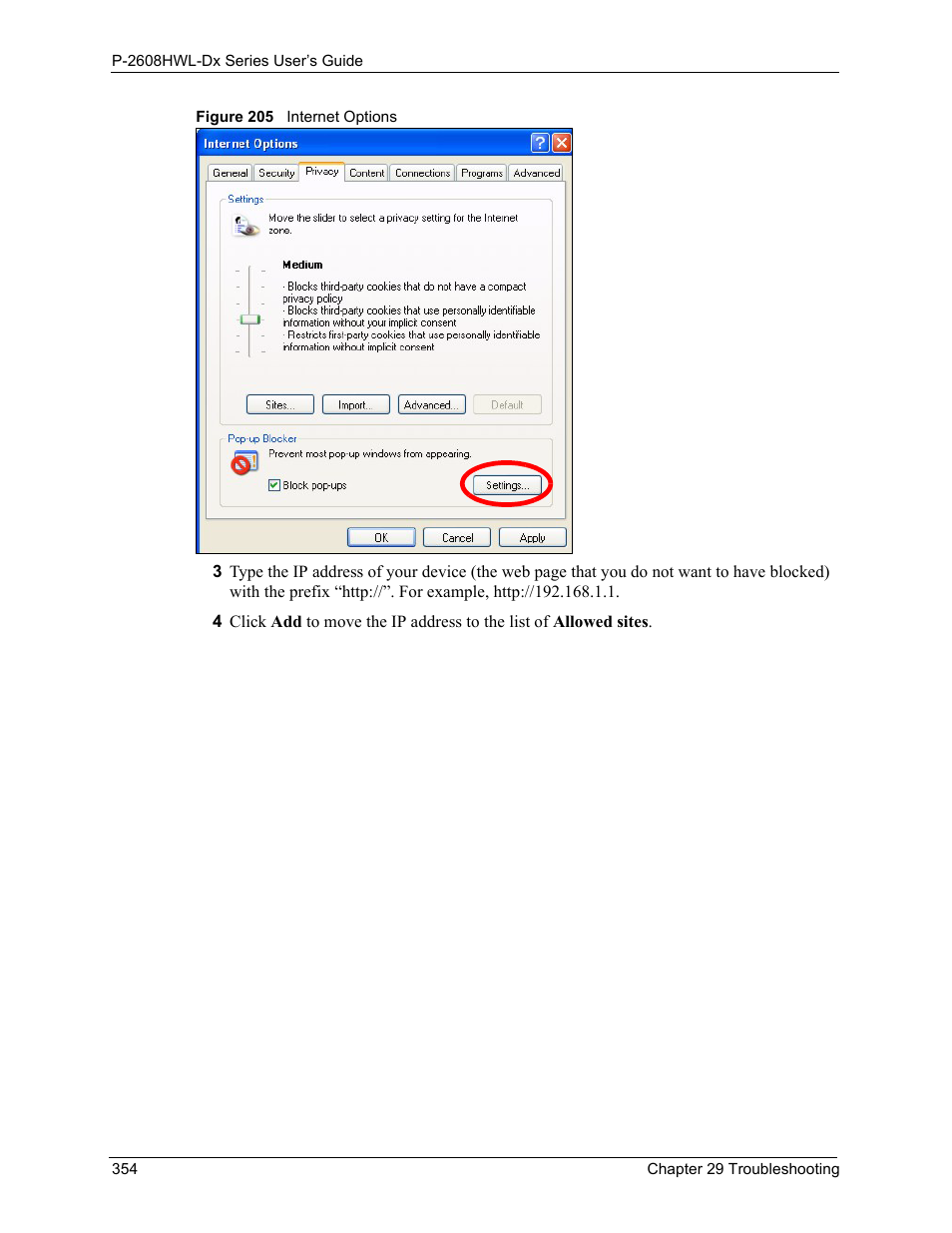 Figure 205 internet options | ZyXEL Communications P-2608HWL-Dx Series User Manual | Page 354 / 451